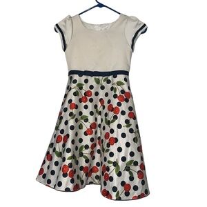 Dorissa girls satin Cherry Print polka dot Dress ivory blue sz 8